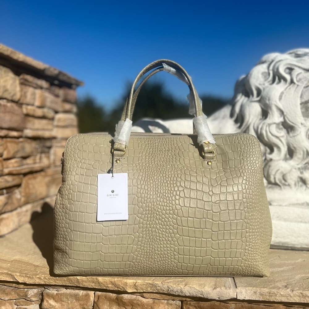 LouLou Ally Leather Crocodile Embossed Handbag - Beige/Gray